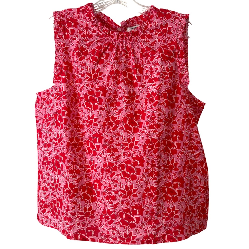 J. Crew Factory Red and Pink Floral Sleeveless Ruffle Neck Top in Size L